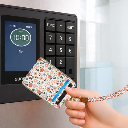 Colorful Floral Lanyard Wallet with ID Badge Holder PU Leathe RFID Small Keychain Wallet Women Wristlet Lanyard Wrist Strap, RFID Blocking for Office School Business Security Staff Women