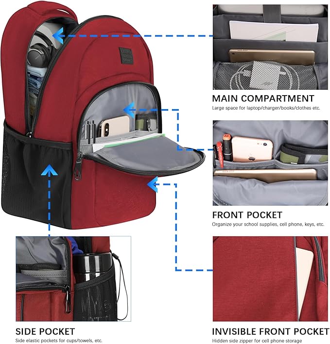LARIPOP Carry On Backpack for Airplane, 15.6 Inch Laptop Backpack with USB Charging Port, Water Resistant Business Travel Backpack, Lightweight College School Bookbag Anti Theft for Men Women, Red