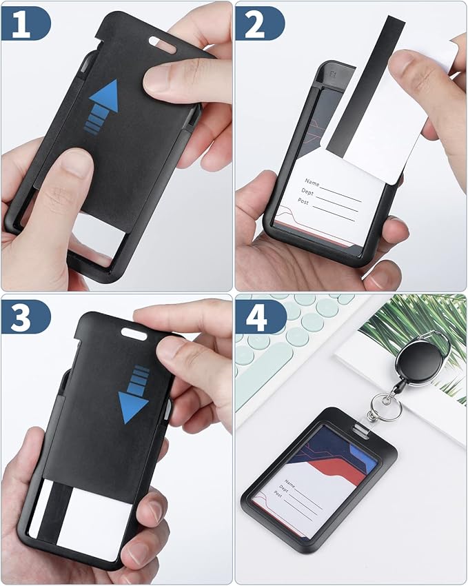 Uniclife 3 Pack Sliding Badge Holder Hard Black Vertical Plastic Card Case Protector with Retractable Badge Reel Carabiner for Office School ID Credit Proximity Key Card Driver’s License and Pass