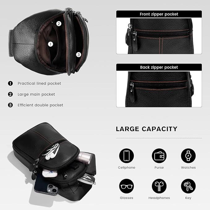 molshine Genuine Leather Sling Crossbody Bag,Fashion Chest,Casual Shoulder Bag for Men Women Work Travel Cycling HB024