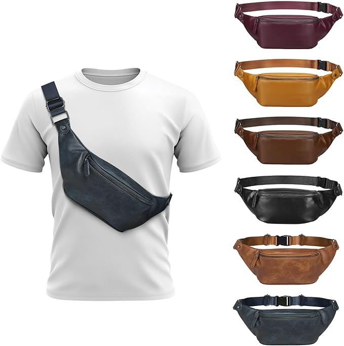 Faux Leather Belt Bag for Men, Crossbody Sling Bag with Adjustable Strap, Back Zipper Pocket, Large Capacity Waist Pack for Travel, Work, Navy Blue