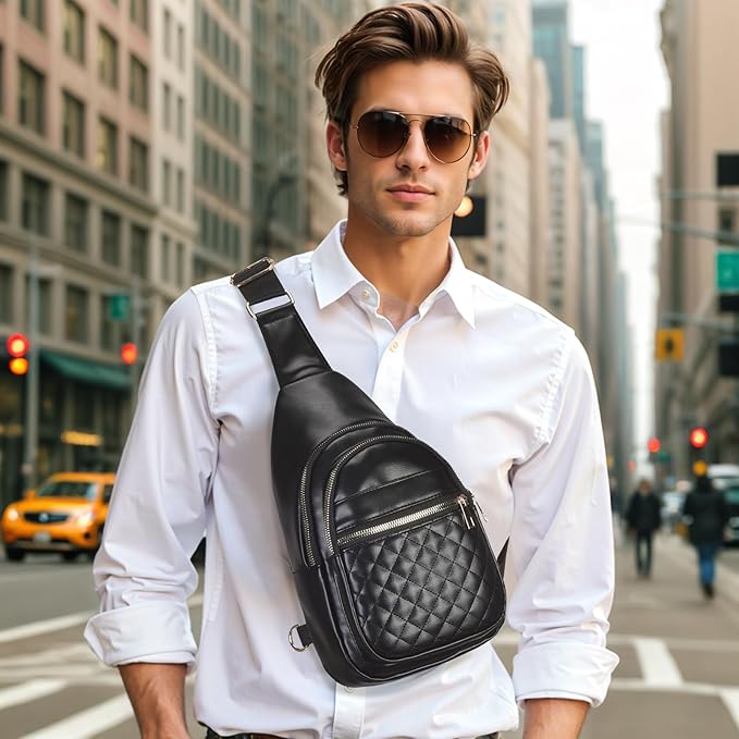 Crossbody Bags for Women Men,Leather Sling Bag Cross Body Backpack for Women, Casual Chest Bag Daypack for Travel Hiking,Black