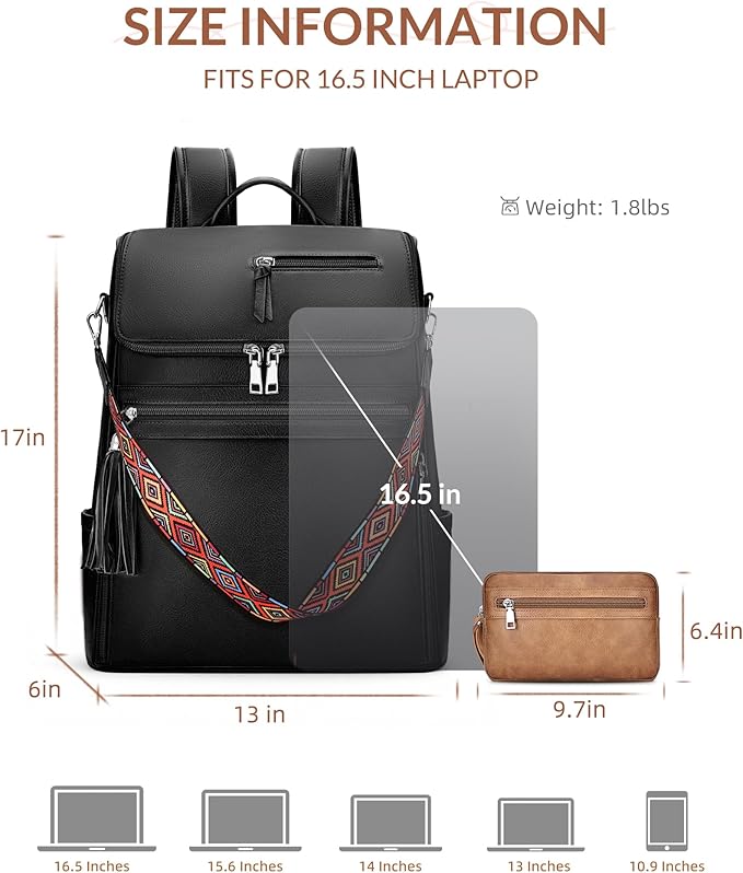 SYTRAH Leather Laptop Backpack for Women Designer Laptop Bag, 16.5 inch Travel Computer Backpacks Purse with Tassel for Work Business with Satchel Purse Black