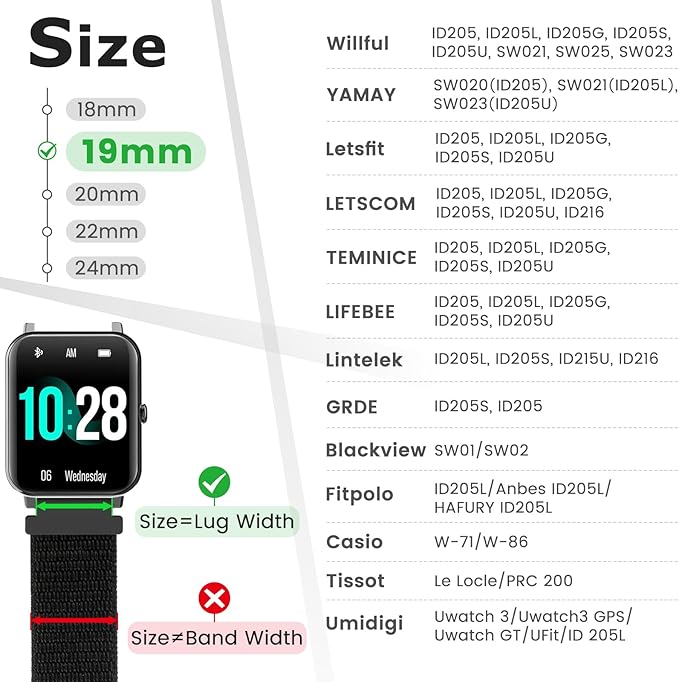 19mm Nylon Sport Quick Release Watch Bands Compatible with GRV FC1/FC5/Willful/YAMAY/Letsfit/LETSCOM/TEMINICE/LIFEBEE/Lintelek ID205 ID205L ID205G ID205S ID205U/Blackview Band for Women Men
