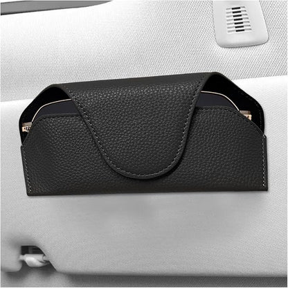 Sunglass Holder for Car Visor, Magnetic Auto Sun Visor Eyeglass Organizer with Dual Back Clips, Leather Glasses Protective Storage Case Universal for Most Vehicles Visors (Black)
