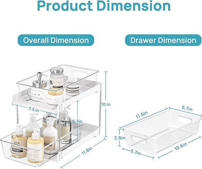Vtopmart 4 Pack Bathroom Organizer, 2 Tier White Under Sink Organizers Vanity Countertop Storage Container,Cabinet Drawers Bins, Pull-Out Organization with Track for Pantry, Kitchen