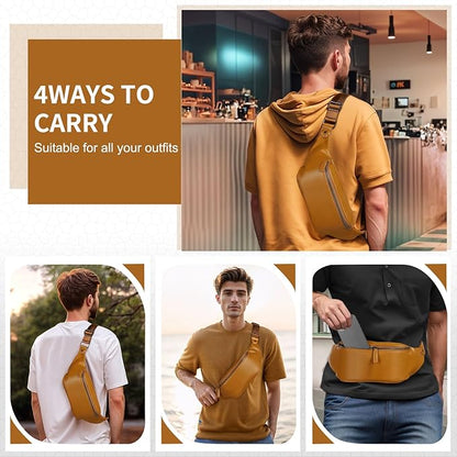Faux Leather Belt Bag for Men, Crossbody Sling Bag with Adjustable Strap, Back Zipper Pocket, Large Capacity Waist Pack for Travel, Work, Every, Beige