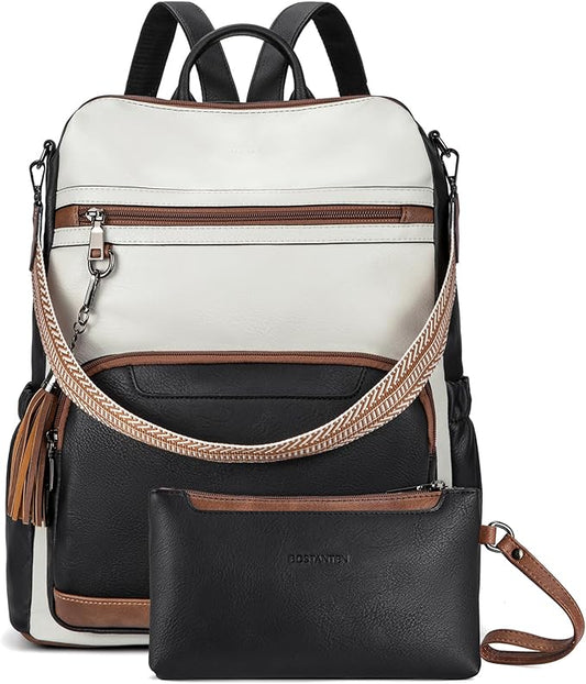 BOSTANTEN Leather Laptop Backpack for Women Designer Travel Backpack with Laptop Compartment Ladies Computer Shoulder Bags Black＆Beige＆Brown