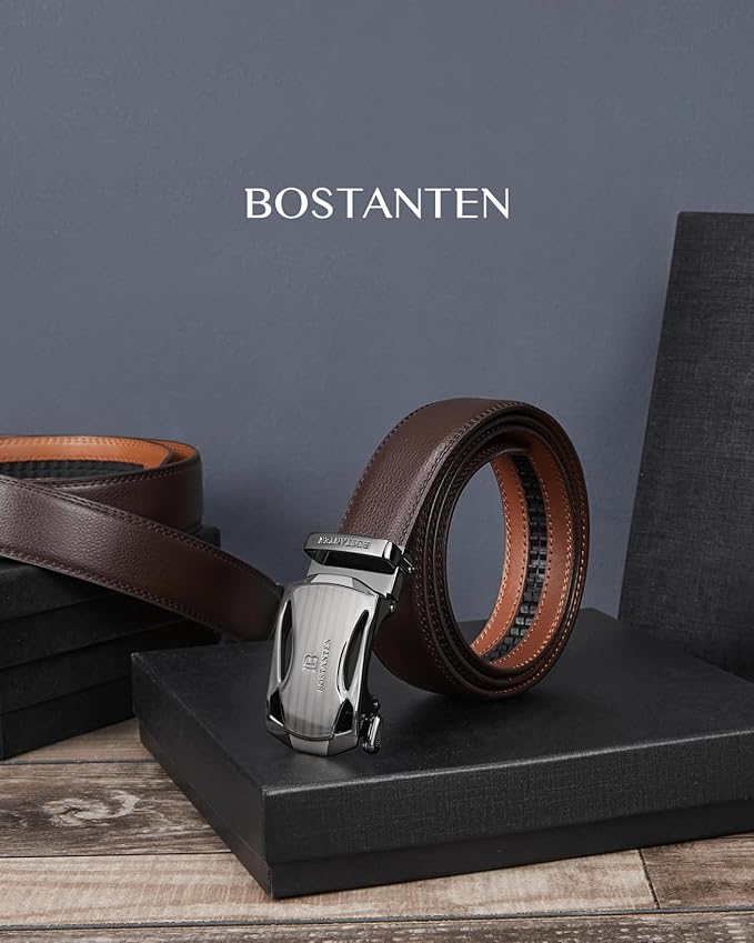 BOSTANTEN Mens Belt Leather Ratchet Belt For Men Dress and Casual with Adjustable Buckle, Trim to Fit