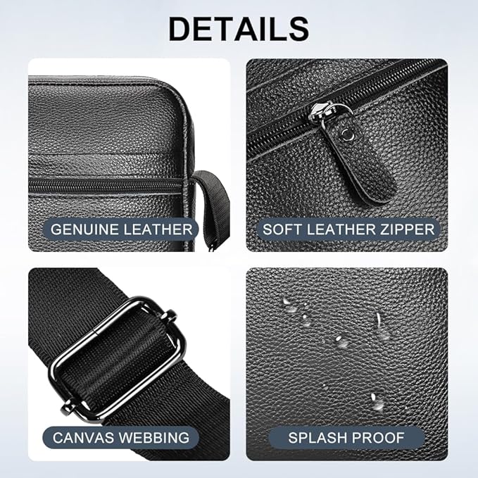 Leathario Men's Crossbody Shoulder Bag, Genuine Leather Small Messenger Satchel for Work Business Travel, Black Side Purse