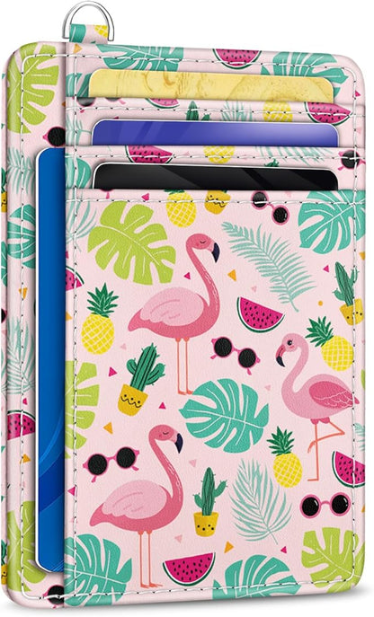 Yonlevres Flamingo Credit Card Holder Slim Wallet Women, Tropical Leaf RFID Blocking Small Wallet Woman, Front Pocket Travel Cute Thin ID Window PU Leather Mini Organizer Case Purse Gift Girls Ladies
