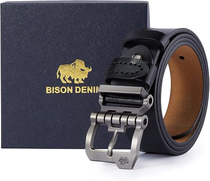 BISON DENIM Men's Belts Leather Dress Genuine Leather Classic Heavy Duty Buckle Belt Casual for Jeans