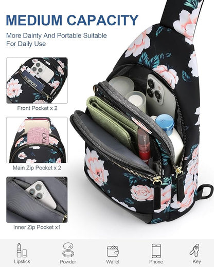 Capolo Sling Bag for Women Men Waterproof Crossbody Bags for Women Trendy Casual Fanny Pack with Convertible Shoulder Strap Chest Bag for Travel Hiking(Black Flower, Medium)