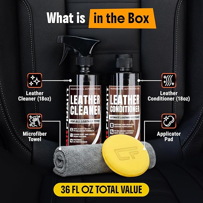 Car Leather Cleaner and Conditioner - pH Neutral, Non-Toxic & Non-Greasy - Gently Cleans, Restores and Protects Leather Seats and Interior - Safe for Leather Furniture, Couch & Sofa - 36 fl. Oz. Kit