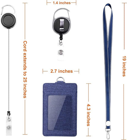 Life-Mate Badge Holder - Leather ID Badge Card Holder Wallet Case with 3 Cards Slot and Neck Lanyard/Strap. Additional Retractable Badge Reel with Belt Clip (Dark Blue, Linen Finish)