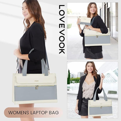 LOVEVOOK Laptop Tote for Women - 15.6 Inch Professional Leather Computer Briefcase - Waterproof, Large Capacity Business Teacher Office Bag - Crossbody Purse