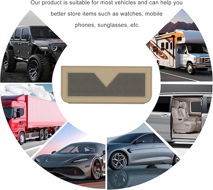 Car Sunglasses Case, PU Leather Pocket Self-Adhesive Storage Pouch for Vehicle Door Window Console, Multifunctional Vehicle Interior Organizer for Glasses Phones Wallets Keys (Beige)