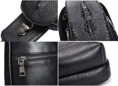 Hebetag Crocodile Genuine Leather Sling Chest Bag for Men&Women Travel Outdoor Hunting Hiking Camping Crossbody Shoulder Pack Pouch Backpack Daypack Black