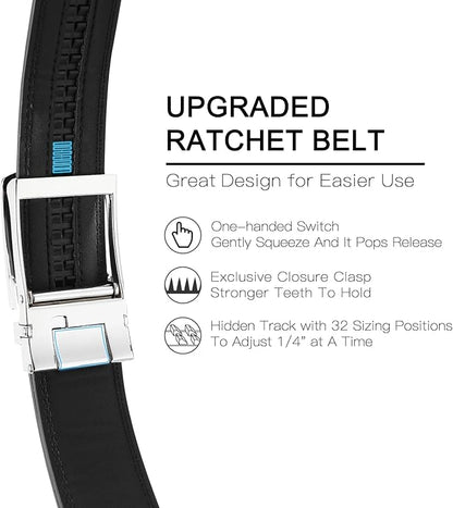 GAEKEAO Ratchet Belt for Men Genuine Leather 1 3/8" - Micro-Adjust Buckle Trim to Fit Dress Belt Casual to Formal Gift Boxed