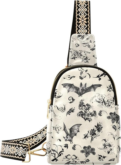 ZAZYXTJ Gothic Bat Flowers Crossbody Sling Bag for Women Leather Small Chest Bag Adjustable Straps Daypack for Travel Sport Hiking