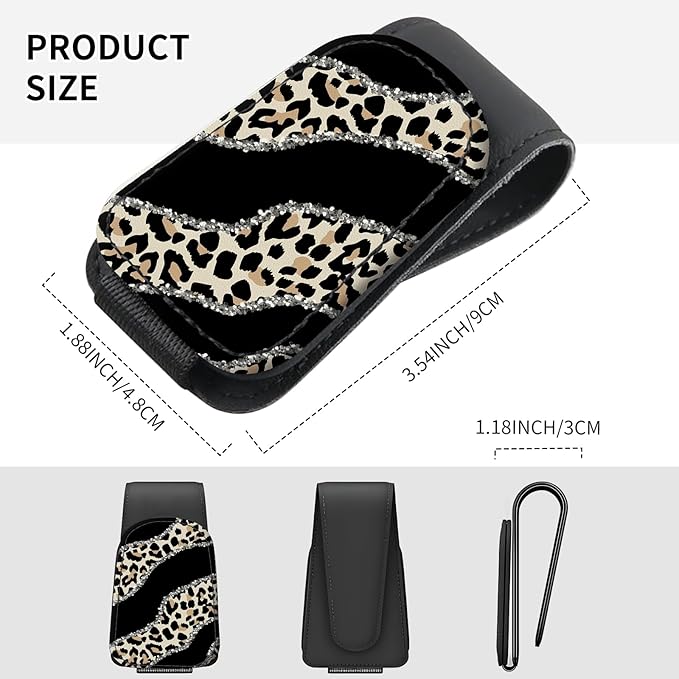 Sunglasses Holder for Car Visor, PU Leather Glasses Clip Organizer, Cute Magnetic Eyeglass Holder for Vehicle Sun Visor, Car Interior Accessory for Women & Men Shining Leopard Stripes