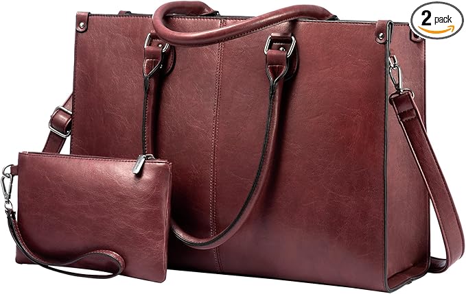 LOVEVOOK Laptop Tote Bag for Women, 15.6 Inch Large Capacity Vintage Leather Work Computer Bag, Business Casual Shoulder Handbag, Wine Red