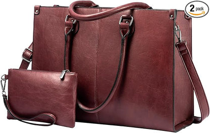 LOVEVOOK Laptop Tote Bag for Women, 15.6 Inch Large Capacity Vintage Leather Work Computer Bag, Business Casual Shoulder Handbag, Wine Red