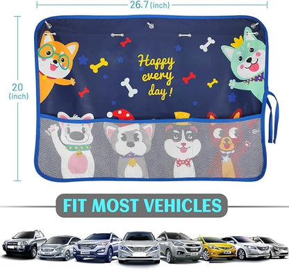 DIZA100 2 Pack Car Window Shade for Baby, Blackout Car Sun Shades with Storage Pockets, 7 Suction Cups, Blue, Cute Patterns for Sun/Heat/UV Rays Protection, Standard Passenger Cars