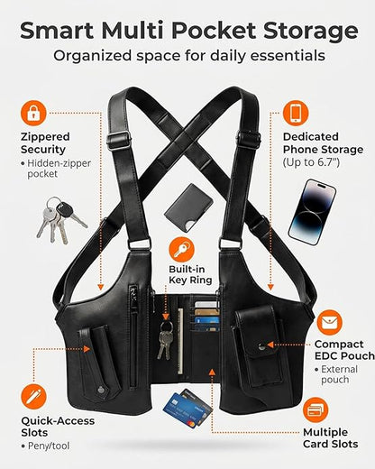 Leather Underarm Shoulder Bag Adjustable Strap Crossbody Chest Sling Satchel Multi Pocket Travel Everyday Vintage Classic