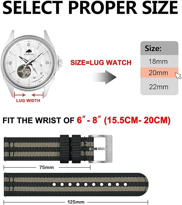 BISONSTRAP Men’s Nylon Watch Bands, Two-Piece Military Watch Straps, Quick Release, Brushed Buckle, Band Width 18mm 19mm 20mm 22mm