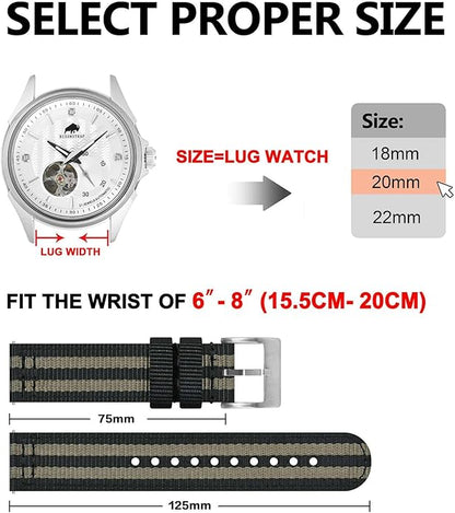 BISONSTRAP Men’s Nylon Watch Bands, Two-Piece Military Watch Straps, Quick Release, Brushed Buckle, Band Width 18mm 19mm 20mm 22mm