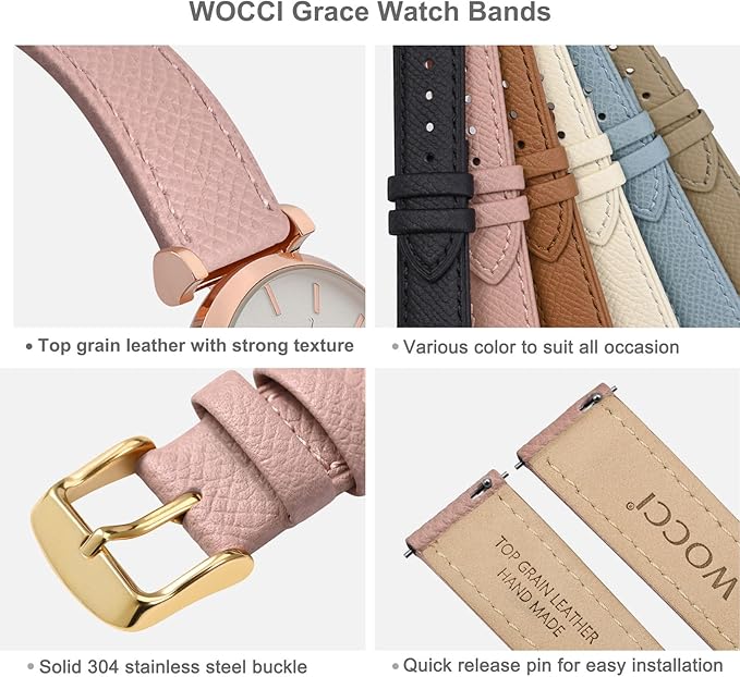 WOCCI 20mm Grace Watch Band for Ladies, Top Grain Leather, Quick Release Replacement Strap with Gold Buckle (Retro Pink)