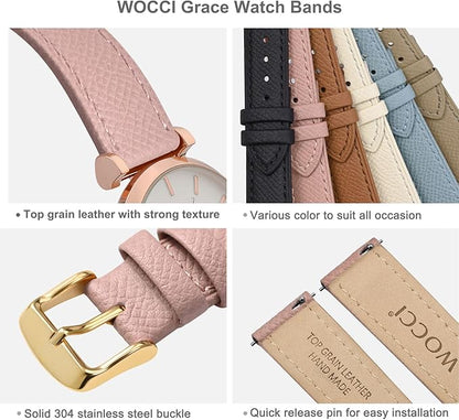 WOCCI 12mm Grace Watch Band for Ladies, Top Grain Leather, Quick Release Replacement Strap with Gold Buckle (Retro Pink)