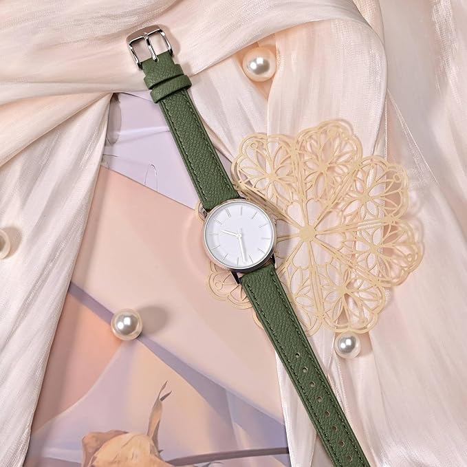 WOCCI 18mm Grace Leather Watch Band for Ladies, Top Grain Leather, Quick Release Replacement Strap with Gold Buckle (Reseda Green)