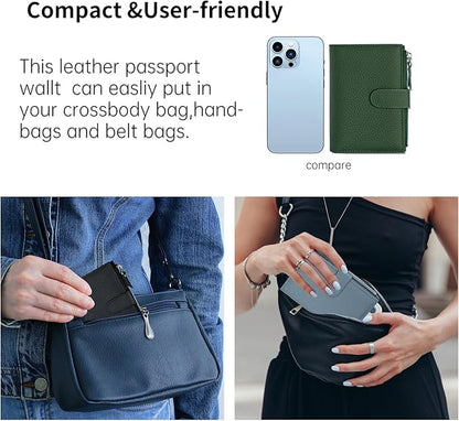 Passport wallet and Card Slot Combo RFID Blocking Slim Leather Travel Passport Wallet for Men and Women with Zippered Coins Pocket Passport holder, Green