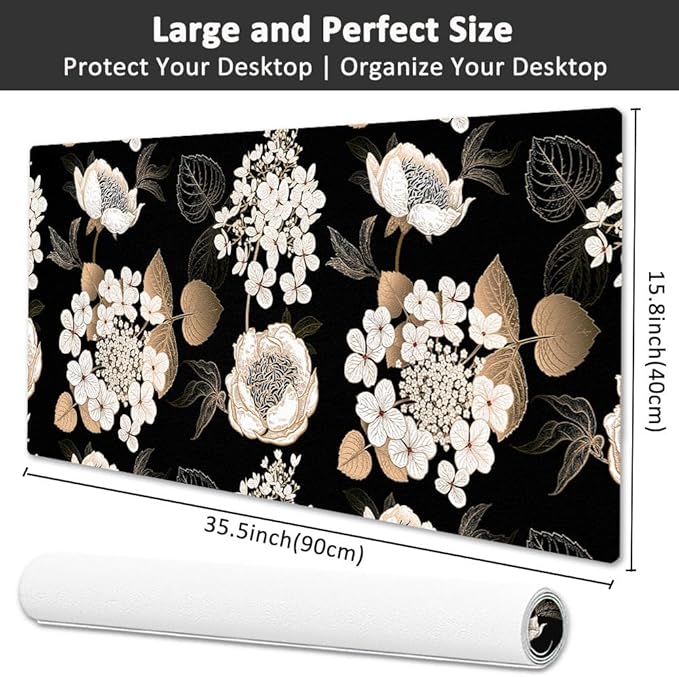 Large Desk Mat, Dual Side PU Leather Waterproof Mousepad Desk Pad, Desk Protector Writing Pads Desk Accessories for Office and Home (C-Black Gold Flower, 35.5''X15.8'')