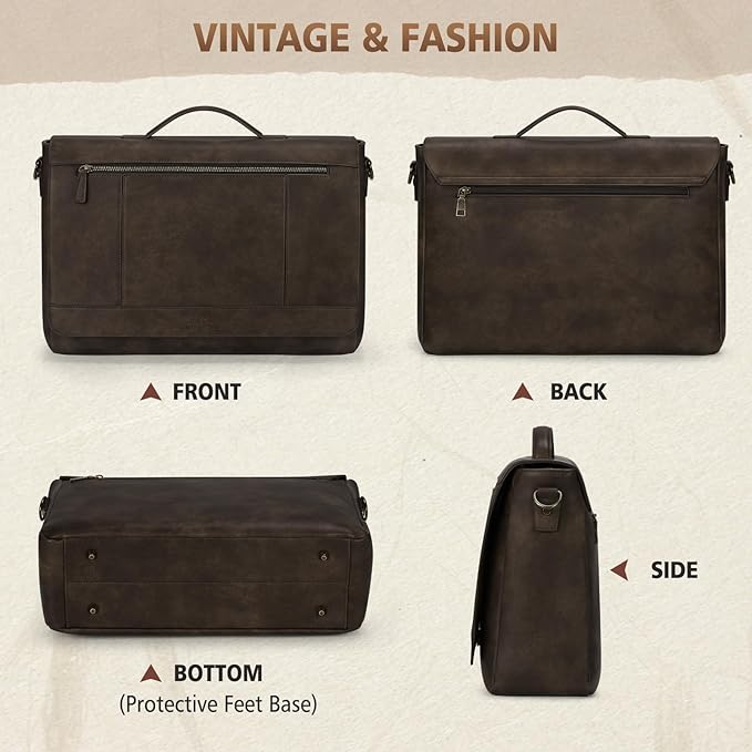 RAINSMORE Leather Messenger Bag for Men 15.6 Inch Laptop Bag Vintage Briefcase Large Computer Bag Satchel Shoulder Bag For College, Work, Business, Office, Wood