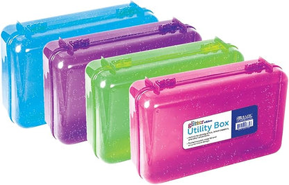 BAZIC Products Plastic Pencil Case Utility Storage Box, Glitter Bright Color, Multi Purpose Organizer for Pens Pencils, 4-Pack