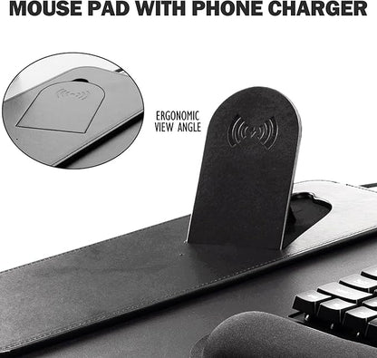 15W Fast Charging Desk Mouse Pad,View Angle Ergonomic Foldable Magnetic Phone Charger,35.4x15.7in PU Leather Large Wireless Charging Desk Mat with Keyboard & Mouse Wrist Rest for Gaming,Office,Mac