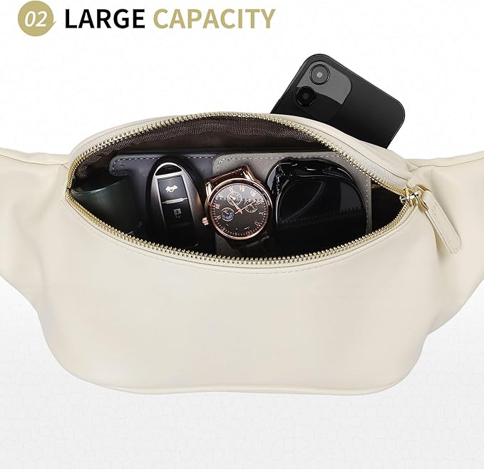Faux Leather Belt Bag for Women, Crossbody Fanny Pack with Adjustable Strap, Back Zipper Pocket, Large Capacity Waist Pack for Travel, Concerts, Beige