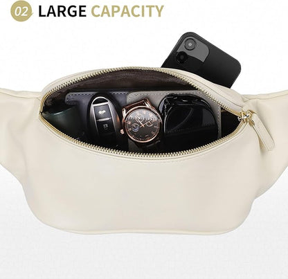 Faux Leather Belt Bag for Women, Crossbody Fanny Pack with Adjustable Strap, Back Zipper Pocket, Large Capacity Waist Pack for Travel, Concerts, Beige