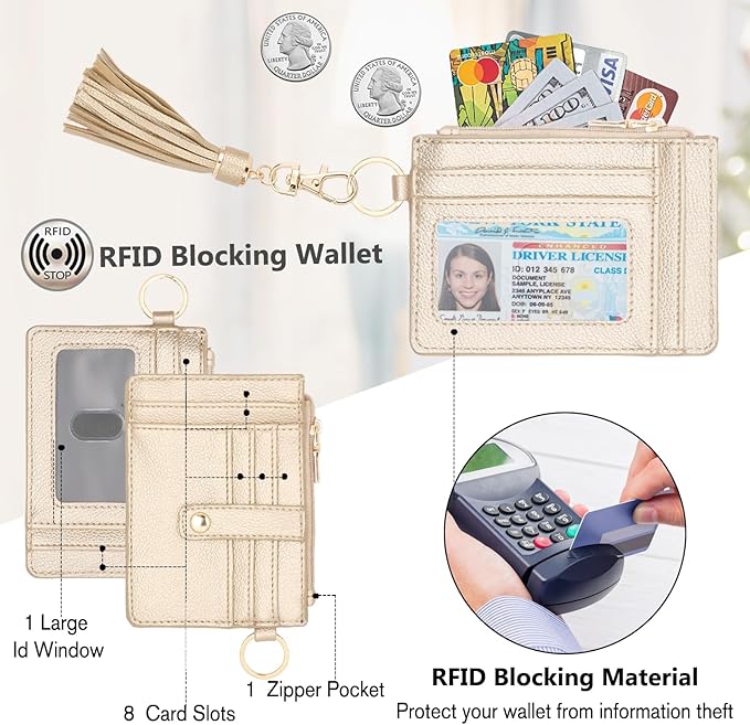 KNGITRYI Wallet Keychain Wristlet for Women,Slim RFID Credit Card Holder Purse Tassel Keychain Bangle Key Ring for Men Women