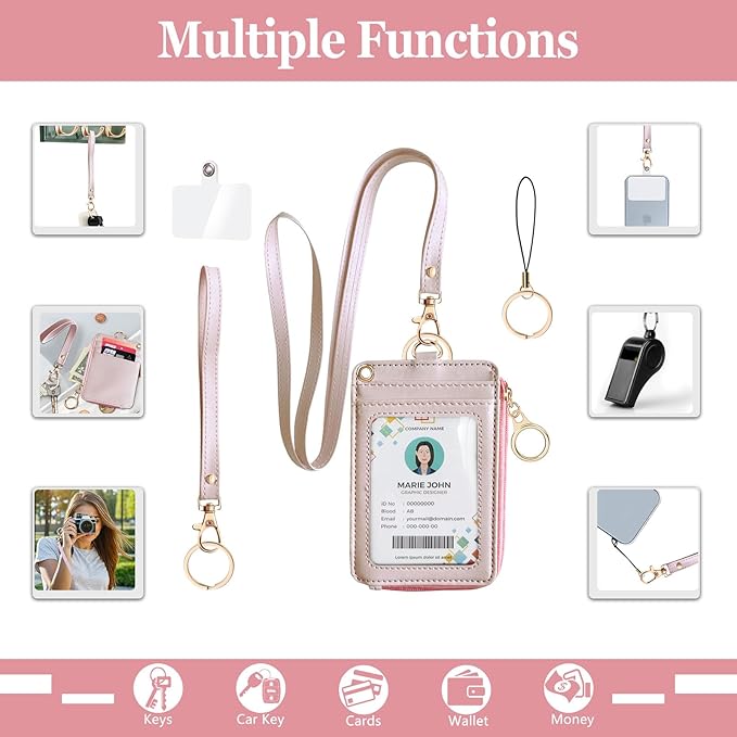 Bolimoss 2-in-1 ID Badge Holder & Lanyard Wallet, Credit Card Holders with Breakaway Wristlet & Neck Lanyard, Leather ID Name Badge 5 Card Slots Zipper Purses for Offices, School, Driver Licence