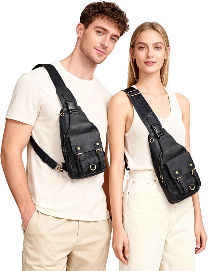 Genuine Leather Hiking Travel DayPack Sling Crossbody Triangle Chest Pack Bag For Men Women 8241 (Dark Black 258204)