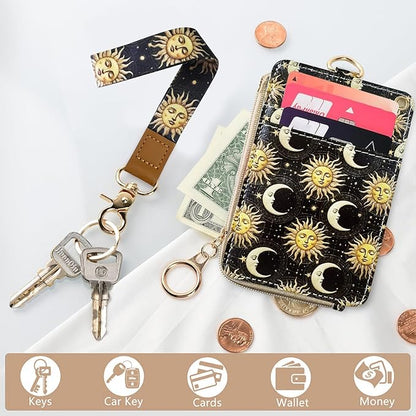 2-in-1 ID Badge Holder & Lanyard Wallet, Sun Moon Lanyard with Retractable Badge Reel 2-Sided Leather Zipper Coin Pouch, Multiple Card Slots Quick Rlease Detachable Neck Lanyards Strap for Keys Cards