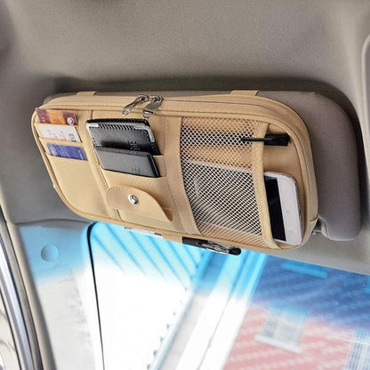 Da by Car Sun Visor Organizer, Multi-Pocket Visor Organizer Storage Pouch for Cars, SUVs & Trucks with Double Zippers, Elastic Bands & Glasses Clip- Organizes Essentials Keep Tidy (Beige Light Yellow)