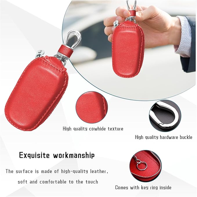 Car Key Case, Genuine Leather Auto Key Fob Cover Case, Key Fob Protector with Metal Hook, Car Smart Keychain Holder (Red)