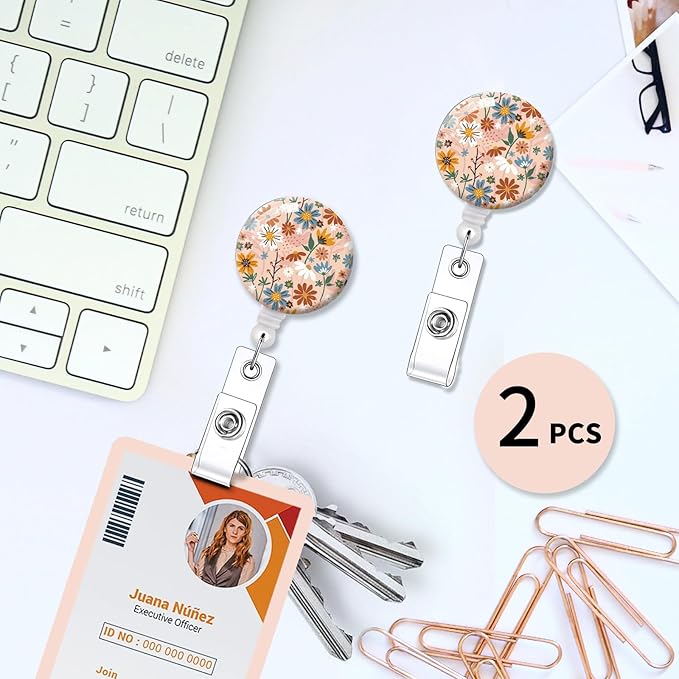 2 Pack Badge Reels Holder Retractable with ID Clip for Nurse Name Tag Card Nursing for Doctor Teacher Student Employee Office Medical Work (Hand Drawn Flower)
