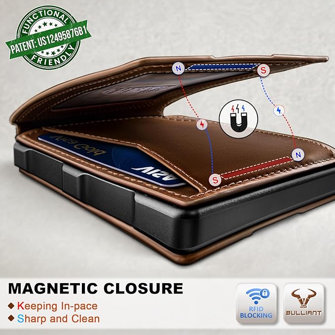 BULLIANT Men Wallet, Metal Wallet Money Clip Magnetic Flip Top Grain Leather 13 Cards Pop-up Access Simplifed Bill Folder