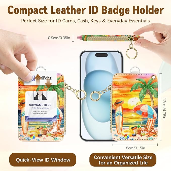 Tropical Leather Badge Holder with Zipper Pocket, Beautiful Work Lanyards and 1 Zip Pocket, 4 Card Slots, Breakaway Lanyards with Metal Clasp for Offices, Staff, Adult, Employees